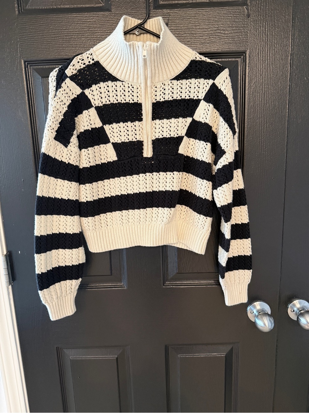 a new day Black & Cream Striped Half-Zip Chunky Knit Sweater